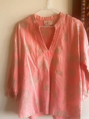 Johnny Was Coral Pink Embroidered V-Neck Tunic Top